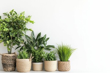 Obraz premium Green plants in woven baskets against white wall.