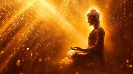 Golden Buddha statue in meditation, bathed in radiant light, serene and peaceful.