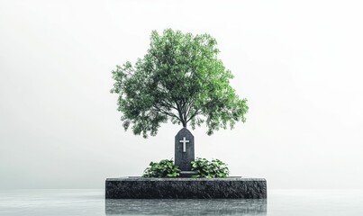 Fototapeta premium Here's a 10-word description: Serene gravesite, tree, cross, plants, minimalist,