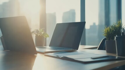 Fototapeta premium Bright Open Office with Laptops and Notes in Daylight