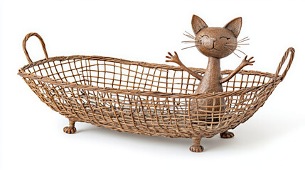 Obraz premium cat shaped basket with detailed weaving, featuring playful design and charming expression. Perfect for storage or as decorative piece