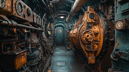 Rusty Industrial Corridor Inside Old Machinery Vessel