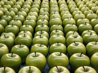 Obraz premium A horizontal shot of a large group of green apples neatly arranged in a row, resembling a display in a supermarket.