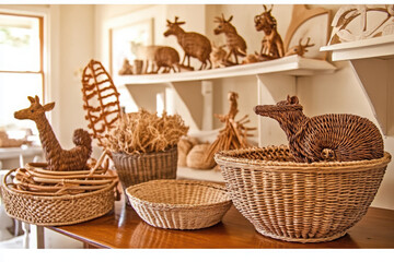Fototapeta premium Handmade animal baskets displayed in cozy interior setting, showcasing intricate craftsmanship and natural materials. Perfect for home decor or gifts