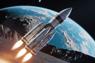 Fototapeta premium A sleek rocket launches into space against a backdrop of Earth, showcasing the power of modern aerospace technology.