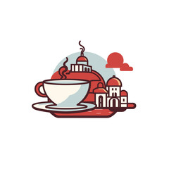 Vector art of a steaming cup of coffee with a vibrant architectural background featuring domes and clouds