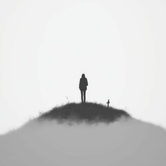 Solitary figure, grassy hilltop, small cross.