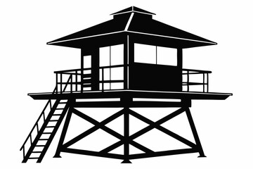 Lifeguard tower Silhouette vector, Safeguard tower black on a white background,Watchtower, Observation tower, Military camp tower | vector silhouette illustration on white background,camping tower.