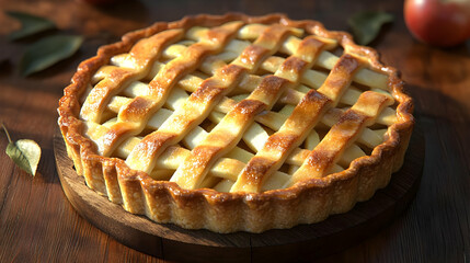 Golden Crust Apple Pie on Wooden Board - 3D Illustration