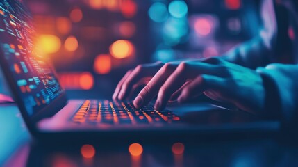 Hands Typing on Laptop in Cybersecurity Workspace