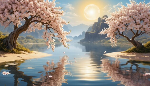 A beautiful and peaceful image of a river with two cherry trees on each side.
