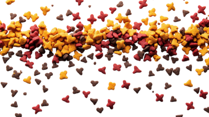 Scattered colorful pet snacks on a white background.