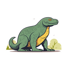 Naklejka premium Colorful vector illustration of a friendly dinosaur relaxing in a grassy area during a sunny day