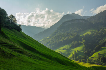 Dreamy mountain landscape with verdant green pastures and golden hour sunlight