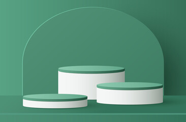 Paper cut of minimal scene with green cylinder podium on green background. Product presentation, mock up, show cosmetic. Vector illustration	