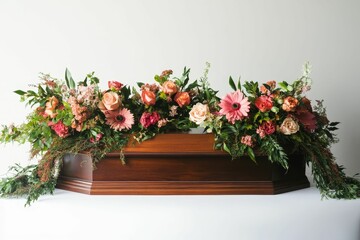 Wooden casket adorned with vibrant floral arrangements.