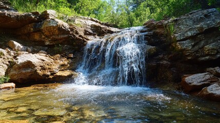 Fototapeta premium Serene waterfall cascading over rocks into a clear pool, surrounded by lush greenery.