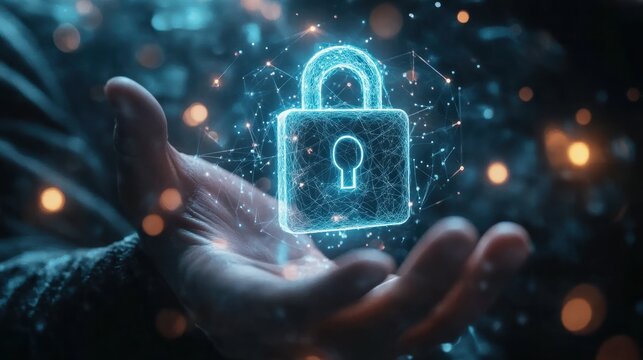 Cyber security and data protection. Businessman holding padlock protecting business and financial data with virtual network connection. Innovation technology develop smart solution from digital attac