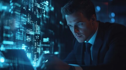 Cyber security and data protection. Businessman using laptop computer protecting business and financial data with virtual network connection. Innovation technology develop.