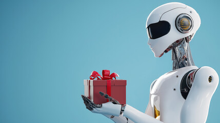 A futuristic robot holds a gift box with a bow, symbolizing the blend of technology and holiday spirit against a blue background.