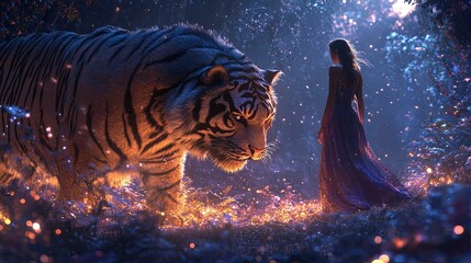 Majestic Tiger and Woman in Enchanted Forest