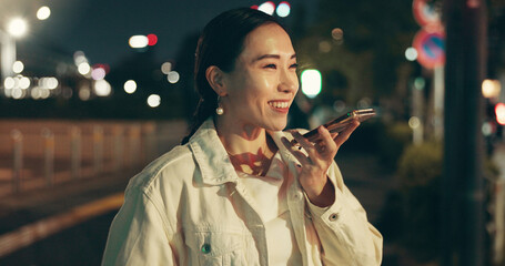 Phone call, record and Japanese woman in city for ai virtual assistant, speaker and voice memo....