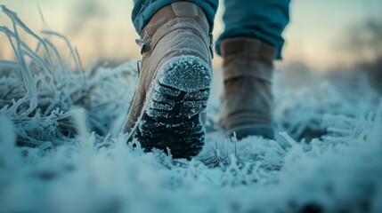 A person walks through a frost-covered landscape. The sturdy boots leave footprints in the snow. Nature shows its beauty in wintertime. Generative AI.