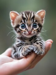 Tiny Bengal kitten with blue eyes in a hand.