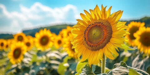 Obraz premium A vibrant field of sunflowers basking in the sun. A close-up view of a single sunflower with bright yellow petals. The sky is clear and blue, adding to the beauty of nature. AI