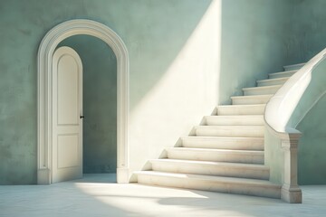 Obraz premium Stair with doors and one opened at the end. Aspirations and promotion concept. This is a 3d render illustration