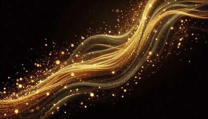 Fototapeta premium Golden particles flowing on a black background, creating a luxurious and sparkling wave effect. Ideal for festive and elegant design themes. Generative AI.