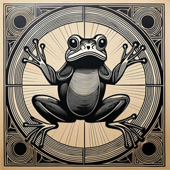Frog leaping in a circle black and white illustration