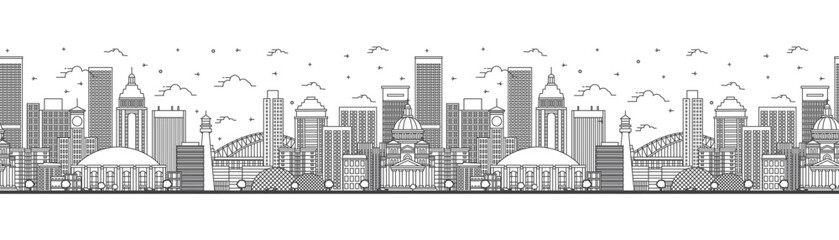 Naklejka premium Seamless pattern with outline Milwaukee Wisconsin City Skyline with Modern Buildings Isolated on White. Milwaukee USA Cityscape with Landmarks.