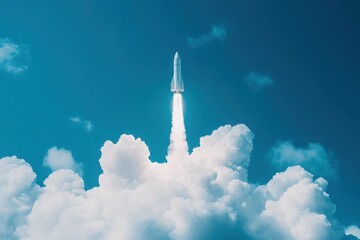 Rocket ascending from a laptop screen enveloped in fluffy, white clouds, set against a deep blue sky, symbolizing the fusion of digital innovation and exploration 