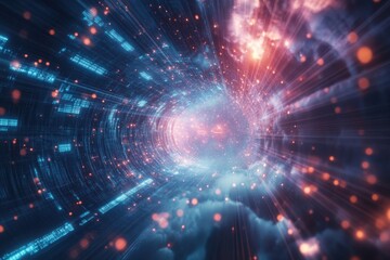 Obraz premium The concept of cloud-based data management and cloud computing is illustrated against a radiant visualization of advanced data analytics technology, emphasizing the integration of real-time processing