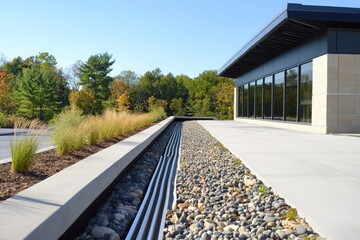 Fototapeta premium The roof of a commercial structure is equipped with a flexible polymer stormwater management system featuring an integrated rainwater harvesting gutter, designed for optimal drainage and sustainabilit