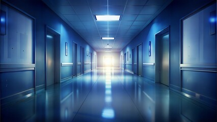 Bright hospital corridor with reflective floors and illuminated doors leading to an open space
