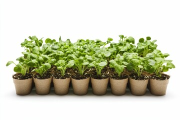 Many green seedlings in biodegradable pots.