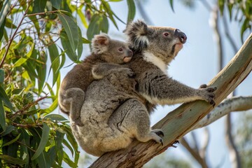 Mother koala with baby on her back