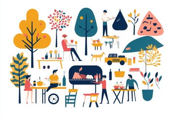 A group of friends enjoying a barbecue in a backyard, with vibrant flat-style illustrations of food and drink, surrounded by simple shapes representing trees and patio furniture, set against a white b