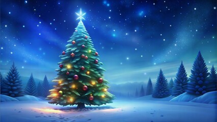 Fototapeta premium Beautifully decorated Christmas tree with lights and ornaments shining under a starry winter sky, the concept of the new year and holiday