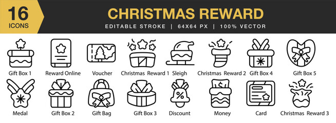 Christmas Reward icon set. Editable Stroke Icon Collection. Includes Present, Gift, Reward, Christmas, Parcel, and More. Outline icons vector collection.