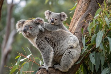 Mother koala with baby on her back