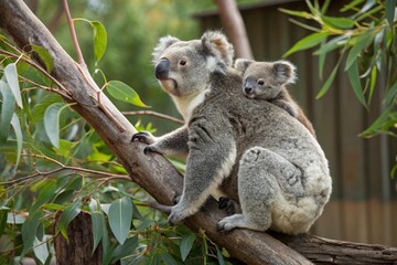 Mother koala with baby on her back
