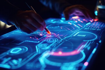 Entrepreneur illustrating a roadmap with a bright marker on a digital tablet, depicting various paths to success while collaborating with a team in a modern conference room, emphasizing strategic plan