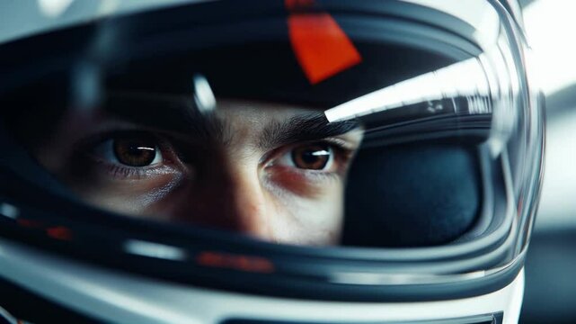 Close-up of a race car driver wearing a helmet