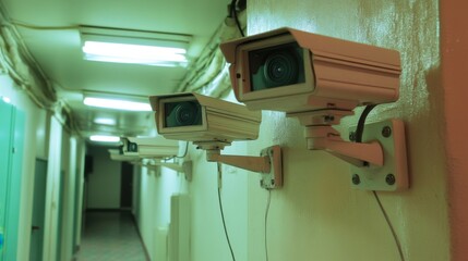 CCTV Cameras in Office Corridor with Fluorescent Lighting