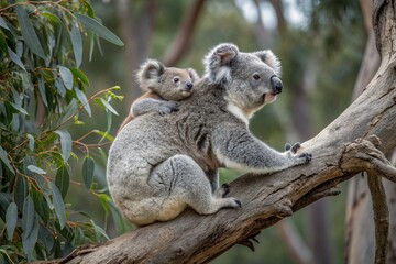 Mother koala with baby on her back