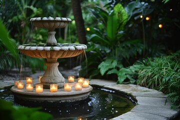 Stone fountain, candles, lush greenery, tranquil scene.
