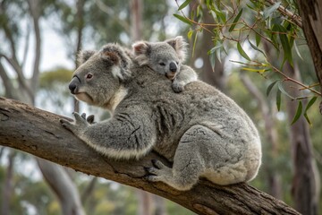 Obraz premium Mother koala with baby on her back